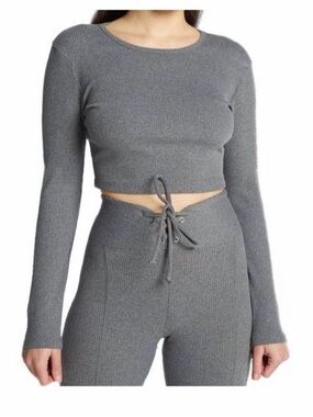 Year of Ours Ribbed Long-Sleeve Crop Top - Charcoal Gray